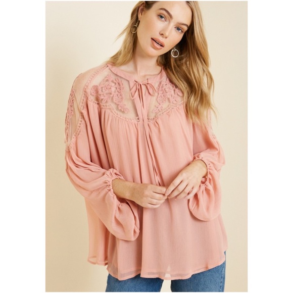 Boho Floral Embroidered Semi Sheer Neck Tie Peasant Blouse - Picture 2 of 3